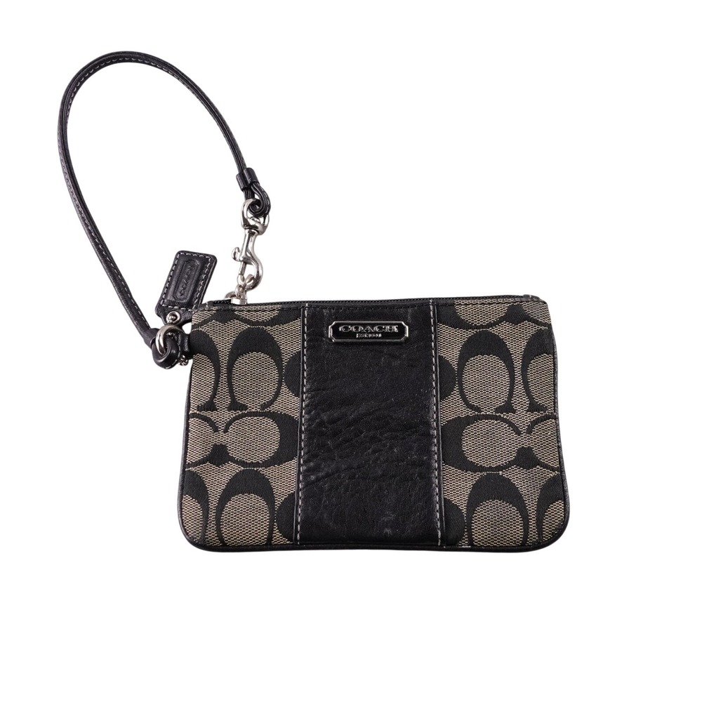 Coach Signature C Monogram Wristlet Pouch Black Leather Strap Luxury